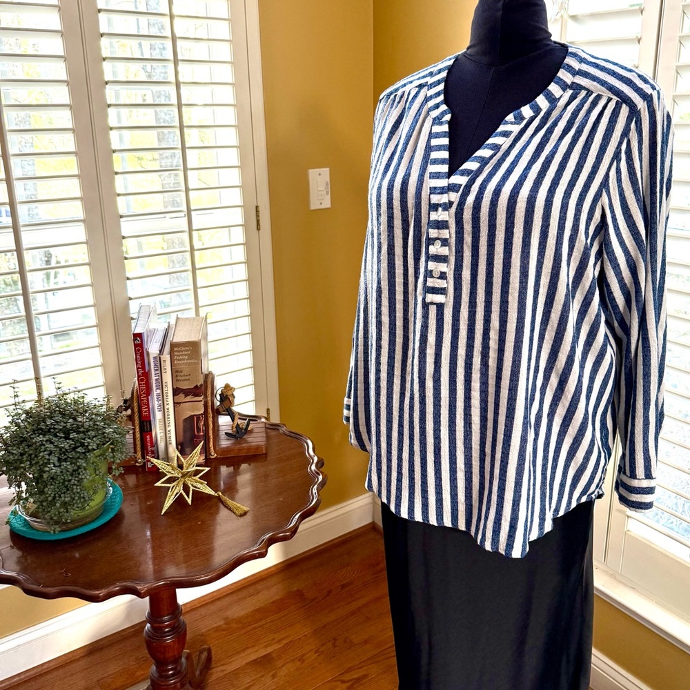 Blue and White Striped Button Henley Top
